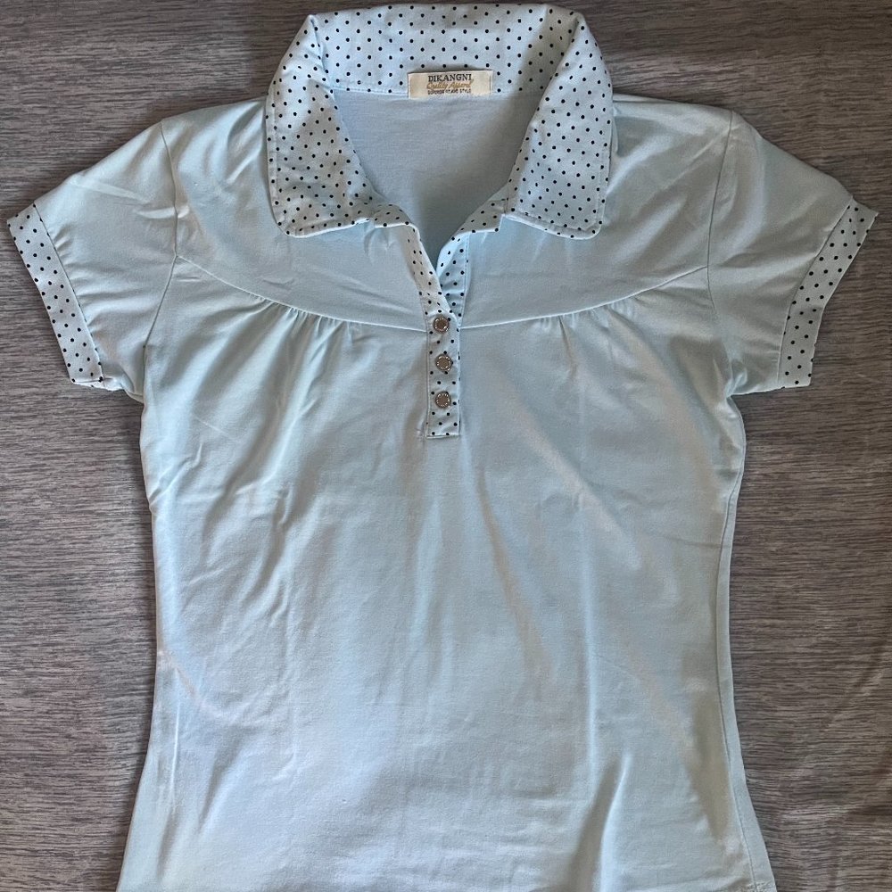 NWOT - Light Blue w/ Small Black Polka Dot Accent Polo Shirt - Women - S